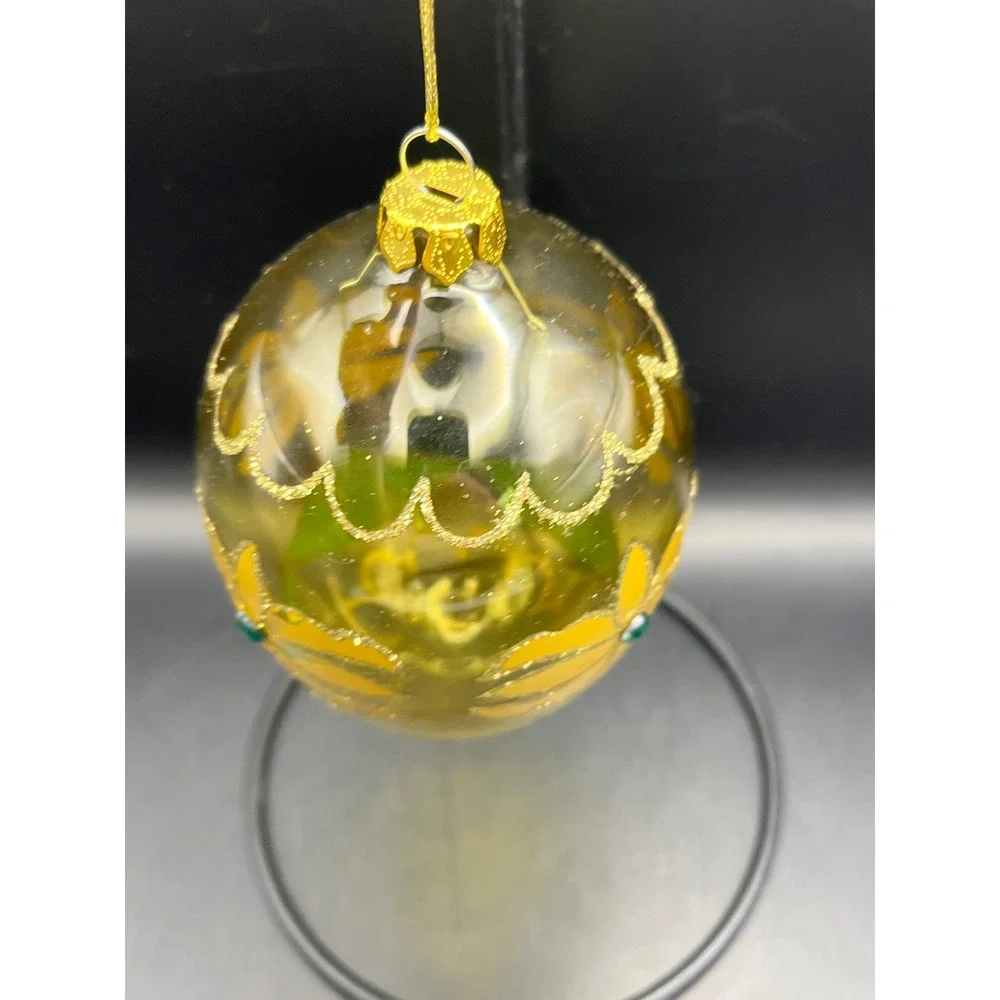 Vtg Hand Blown‎ Egg-Shaped Christmas Ornament Yellow Flowers Glitter Decoration